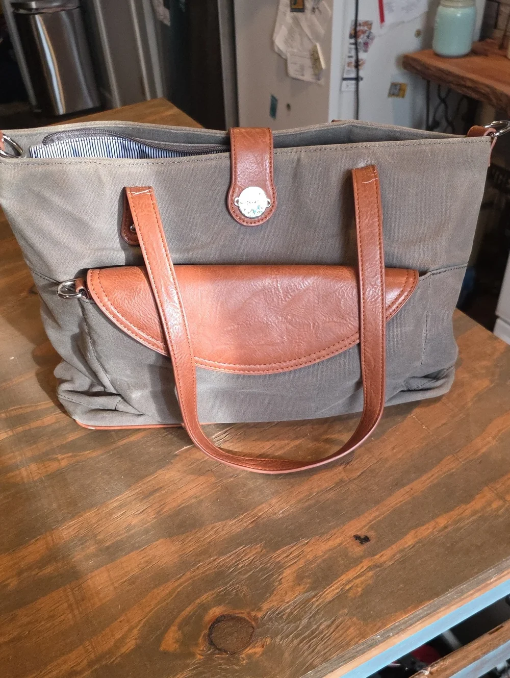 Canvas Baby Tote with Brown Leather Trim - Olive